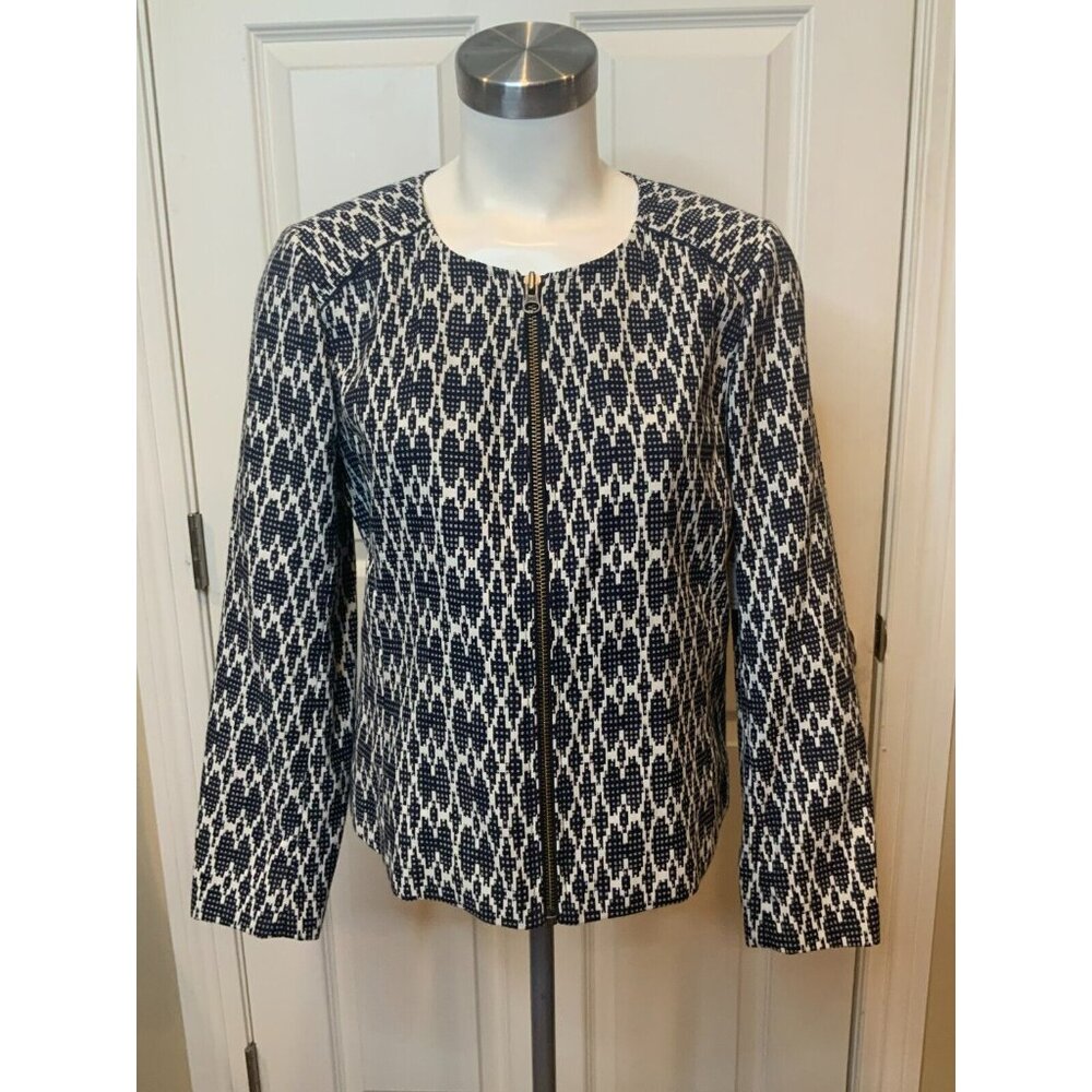 J. Crew Navy Blue & White Geometric Zip-Up Jacket, Size Small